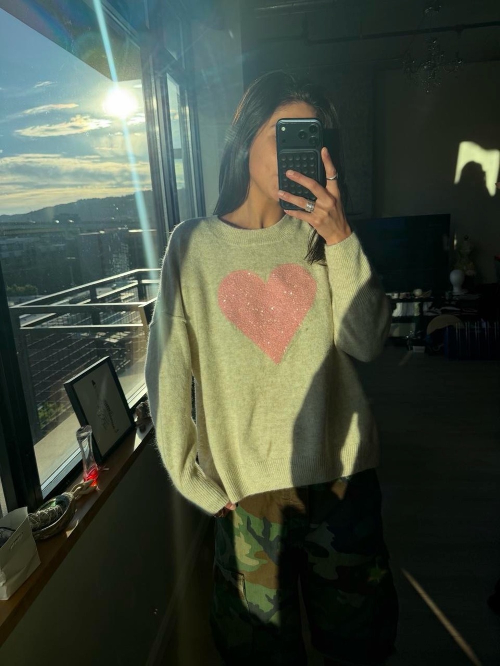 CeCe Cream Sweater with Pink Heart